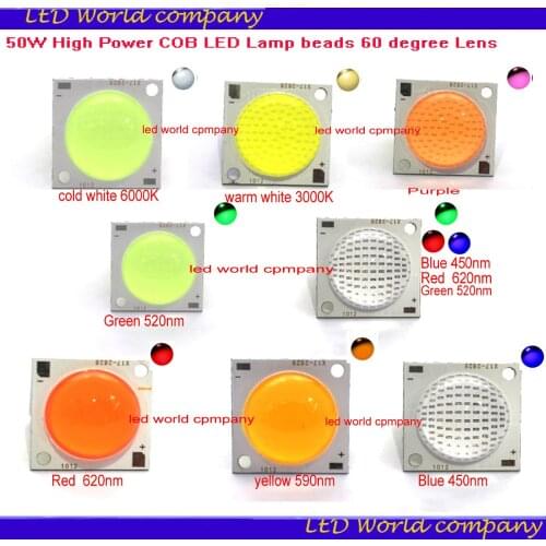 50W High Power COB LED 30-32VDC Lamp beads warm white /White/ Red/ Green /Blue /violet / RGB with 60 degree Lens