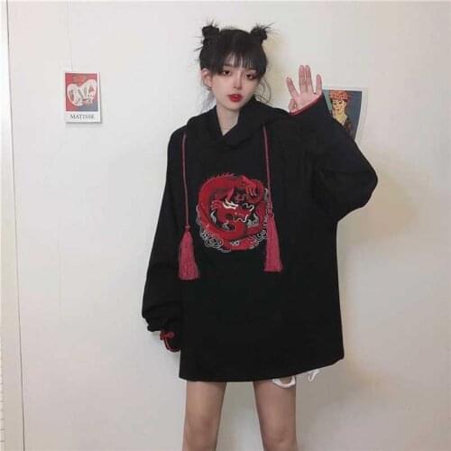 NiceMix Harajuku Vintage Dragon Embroidery Hoodies Loose Warm Fleece Autumn Winter Hooded Sweatshirt Women Men Pullovers
