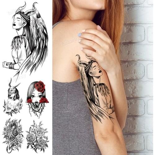 Temporary tattoos girl face angel wing sketch flowers black henna tattoo body art thigh arm sleeve tattoos waterproof transfer
