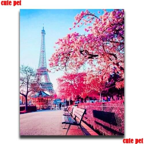 Embroidery Sewing Paintings Eiffel Tower Rhinestone Pasted DIY Diamond Painting Cross Stitch Pink Tree mosaic decoration salon