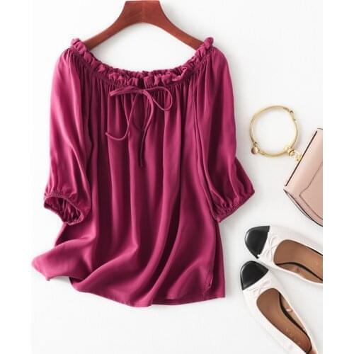 Women Summer 100% Silk Blouse O neck Wine Red bow short sleeve office wear casual natural silk printed real silk shirt tops