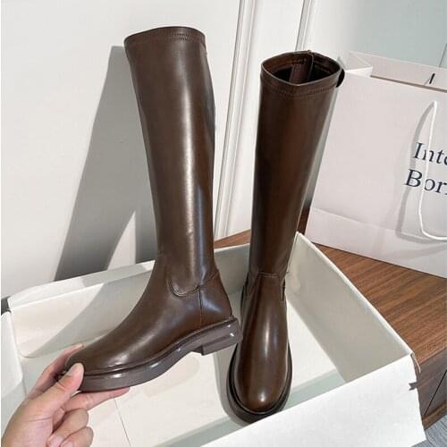 Studio Shoes Ladies Knee High Leather Boots Luxury Lock Zip Botas Mujer Punk Motorcycle Flats Platform Winter Snow Bottes Women