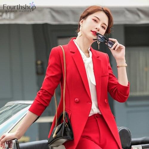 Office Lady Business Work Suits for Women Fashion Red Uniform Autumn Winter 2 Piece Pants Blazer Set Formal Jacket Trousers XXL