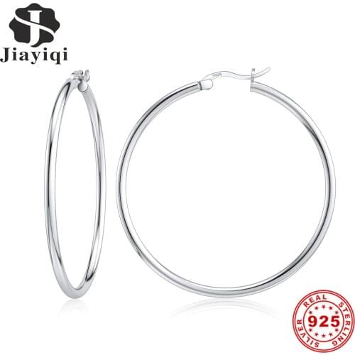 Jiayiqi 925 Sterling Silver 40-60mm Big Circle Hoop Earring for Woman Fashion Simple Classic 925 Silver Fine Jewelry Gift