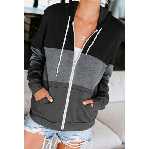 2021 Autumn New Hooded Jacket Women Zipper Pocket Cardigan Jacket Drawstring Stripe Splicing Fashion Free Shipping