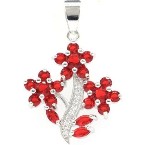 36x25mm Special Flowers Shape 4.4g Created Red Blood Ruby White CZ Womans Silver Pendant