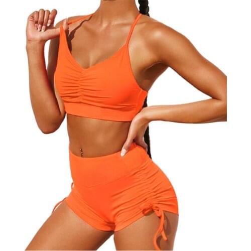 Female 2 Piece Tracksuit Halter V-Neck Crop Top Ruched Drawstring Shorts Outfits F42F