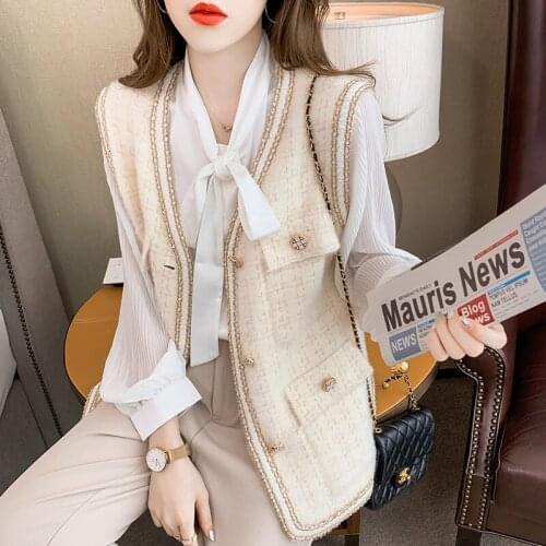 French Style Tweed Spring Women Vest Faux Mink Fur Luxurious Single-Breasted Waistcoat Knitted Sweater Vest Sleeveless Jacket