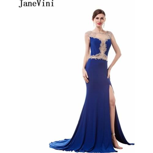 JaneVini 2018 Royal Blue Satin Beading Long Bridesmaid Dresses Sweep Train High Split Illusion Back Formal Prom Gowns for Women