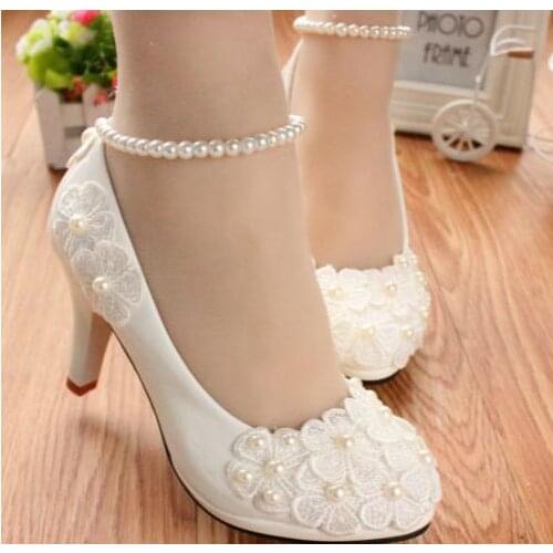 MIDDLE/LOW/HIGH HEELS white pumps shoes with lace flowers cheap low price, bridal pearls anklets party pumps, TG005 womens shoe
