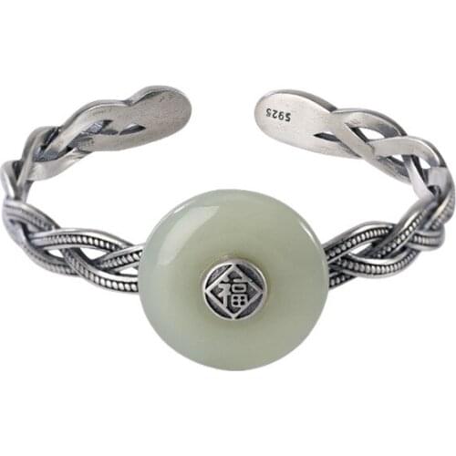 S925 sterling silver Natural Hetian jade Bracelet Personality Retro Fu character Peace buckle Ladies Braided bracelet