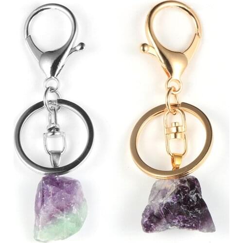 Women Men Natural Fluorite Irregular Gem Stone Quartz Key Chain Blue Apatite Lapis Lazuli Citrines Key Rings Keychain Jewelry