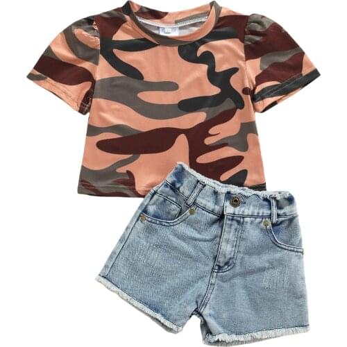 2Pcs Girls Clothing Set Summer Short Sleeve Camouflage T shirt Denim Shorts Toddler Girls Clothing Set Kids Clothes 1-6Y