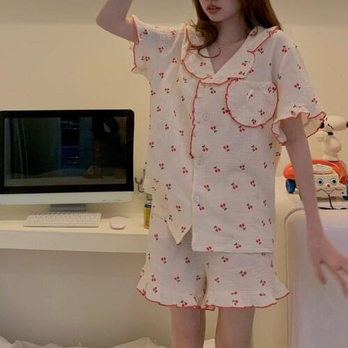 Summer Sweety Girly Tracksuit Kawaii Cherry Printing Shorts Sleeve Tops Elastic Waist Short Pajamas Suit Home Two Piece Suit