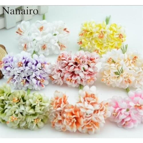 6pcs Mini Silk Artificial Flower Bouquet Gradient Stamen Handmade Scrapbooking DIY Wreath Wedding Decoration Fake flower Craft