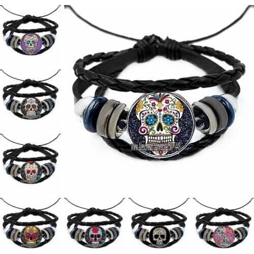 Fashion Sugar Skull Glass Leather Bracelets Skeleton and Flower Multi Layers Black Punk Black Bracelets for Unisex