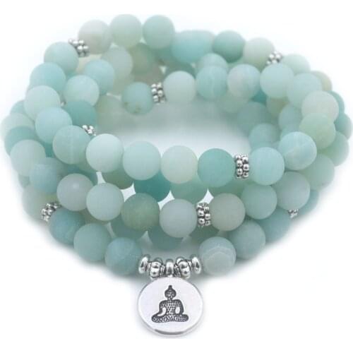 Fashion Women`s Bracelet Matte Frosted High Quality Amazonite Beads With Lotus OM Buddha Charm Yoga Bracelet 108 Mala Necklace