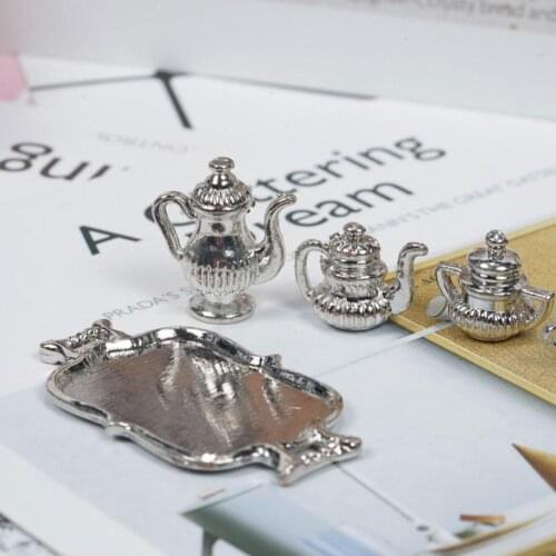 1:12 Teapot Suit Dollhouse Miniatures Classic Silver Metal Children Set Doll Accessories Kitchen Toys Teapot House O5H6