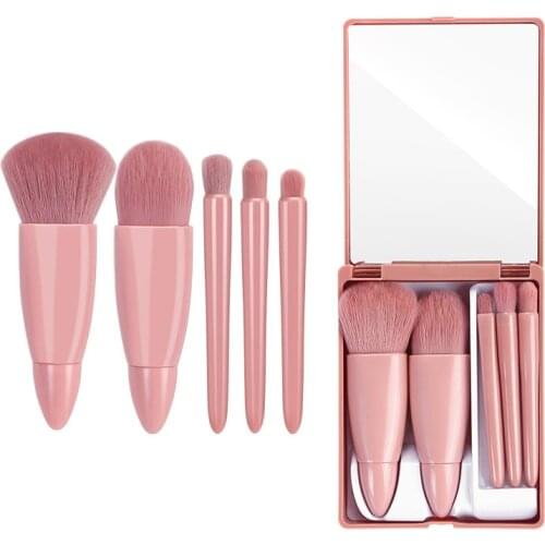 Makeup Brushes Set Portable 5Pcs Multi-Function Set With Mirror Soft Hair Loose Powder Brush Blush Foundation Eye Shadow Brush