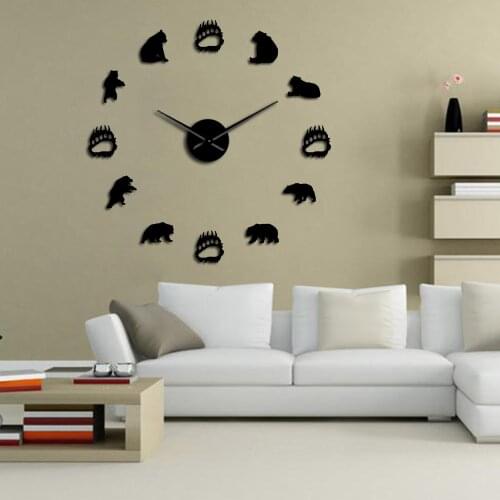 Forest Bears Family Silhouette Wall Art Acrylic Stickers Silent Movement Wall Clock Wildlife Nursery Decor Frameless Wall Watch
