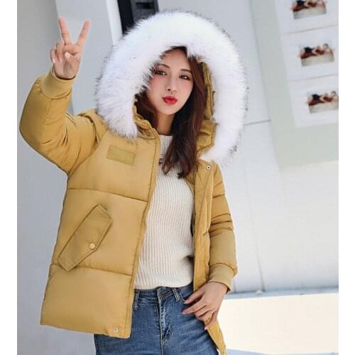 2021 New Spring Winter Womens Down Cotton Padded Jackets Office Lady Big Fur Hooded Parkas Loose Outwear Female Casual Overcoat