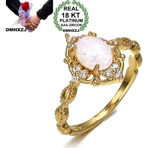 OMHXZJ Wholesale European Fashion Woman Man Party Wedding Gift Luxury Oval White Opal AAA Zircon 18KT Yellow Gold Ring RR731