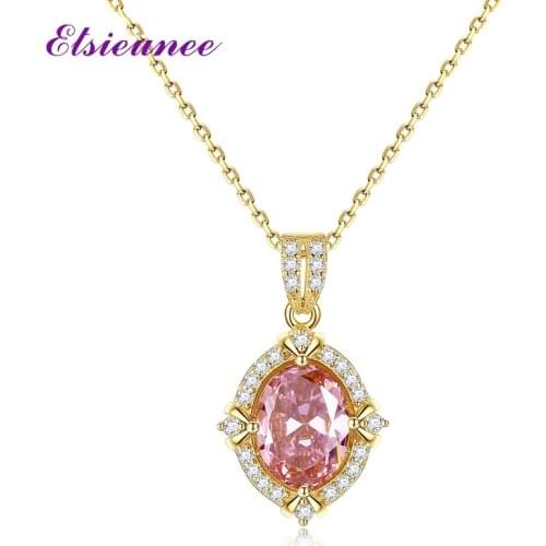 ELSIEUNEE 100% 925 Sterling Silver Oval Morganite Gemstone Pendants Necklaces for Women 18K Gold Color Charm Fine Jewelry Gift
