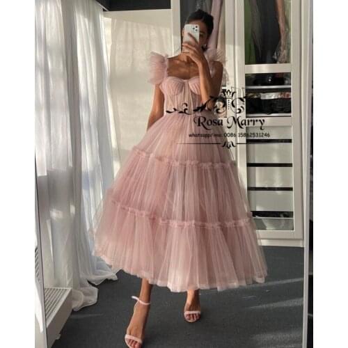 Pink Fairy Women Prom Dresses 2021 A Line Off Shoulder Plus Size Tea Length Vestido De Fiesta De Boda Formal Evening Party Gowns