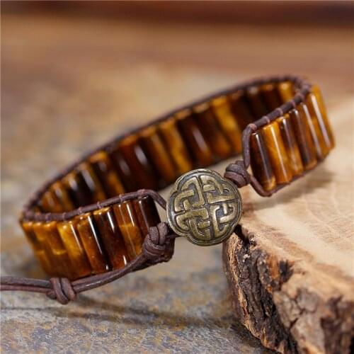 YueTong Bohemia Style Tube Tiger Eye Boho Natural Stone Beads Leather Wrap Cuff Bracelet Yoga Gemstone Jewelry Gift Dropshipping