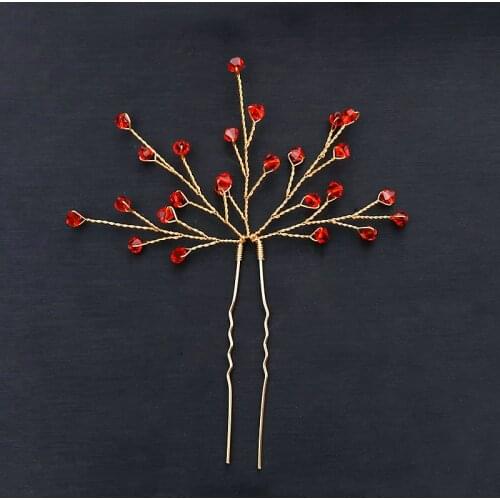 New Arrival Gold Color Hair Pins Red Crystal Wedding Hair Jewelry Rhinestone Hair Accessories For Women Handmade Pins Oranament