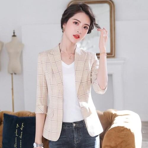 Thin Section Suit Jacket Female Korean Professional 3/4 Sleeve Elegant Short Casual 2020 Spring Summer Blazer Plaid Coat K167
