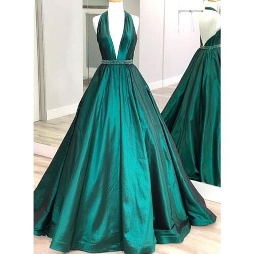 Gardenwed Dark Green Ball Gown Evening Dress 2019 Sexy Halter Deep V Neck Beaded Satin Woman Gown Dress Beading Belt Open V Back