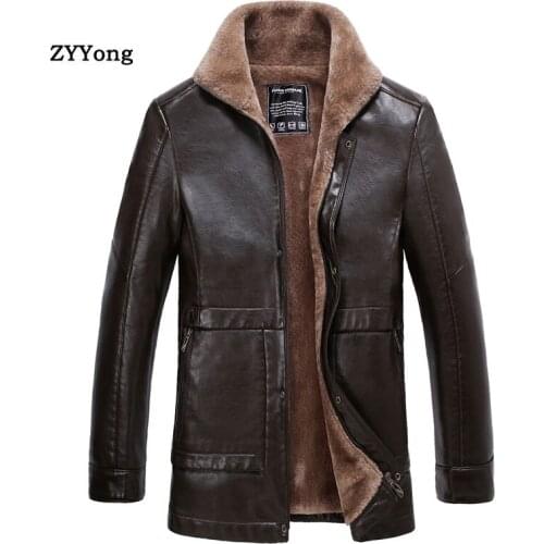 Winter Leather Jacket Men Jacket Fur Turndown Collar Parka Coat Overcoat Plus Velvet Warm PU Zipper Classic Black Brown Outwear