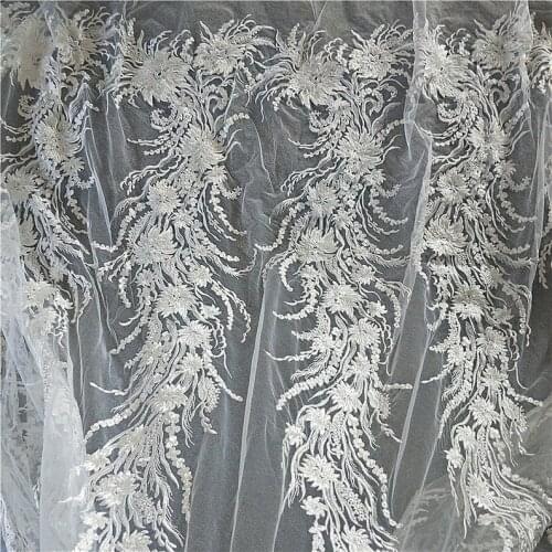 1 Yard Beautiful Embroidered Lace Fabric In Off White Tulle For Evening Gowns, Curtains, Skirt, Baby Dress