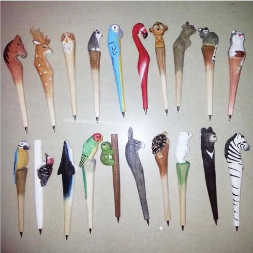 100pcs Handmade Gel pen Lovely Artificial Wood Carving Animal Pen Creative Arts Roller Ball Pens Child Party Souvenirs ZA1362