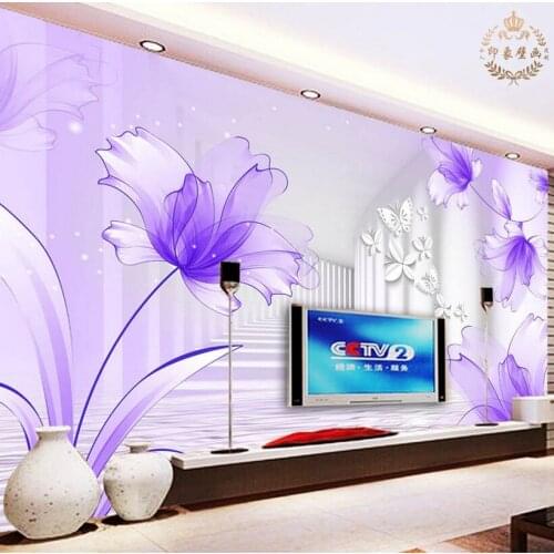 Custom 3d mural Custom mural living room TV background wall bedroom purple pink lily flower wallpaper mural