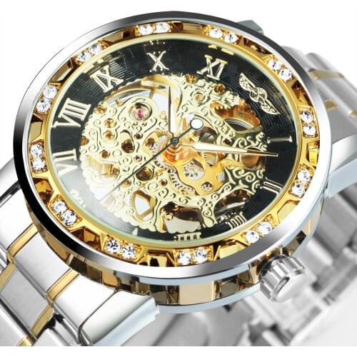 Winner Transparent Diamond Mechanical Watch Gold Stainless Steel Skeleton Watch Top Brand Luxury Wrist Watches for Men часы муж