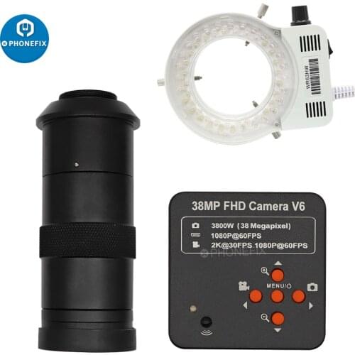 HDMI 38MP CMOS Industry Microscope Video Camera Adjustable Magnification 130X 200X 250X C MOUNT Lens LED Light for PCB Repair
