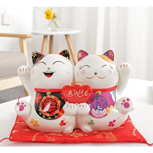 9.5 inch Ceramic Maneki Neko Statue Lucky Cat Money Box Fortune Cat Piggy Bank Feng Shui Figurine Wedding Gift Marriage License