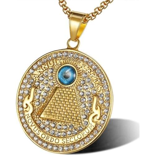 "Novus ordo seclorum"Masonic Round Pendants Necklaces Illuminati Pyramid Gold 316L Stainless Steel Men Hip Hop Rapper Jewelry
