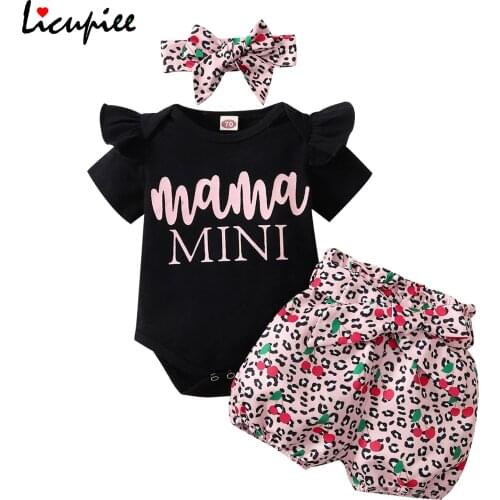 0-18 Months Letter Babys Sets Baby Girls 2pcs Summer Outfits Short Sleeve Letter Romper + Leopard Belted Shorts + Headband Set