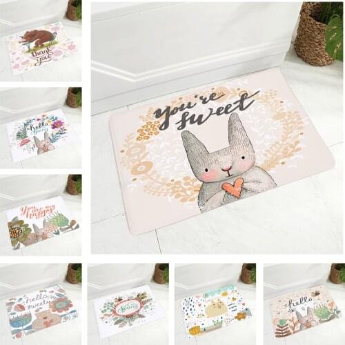 Hand Drawn Cute Cartoon Rabbit Floor Mat for Children Room Non-Slip Decor Lovely Animal Bear Doormat Flannel Carpet 40x60cm