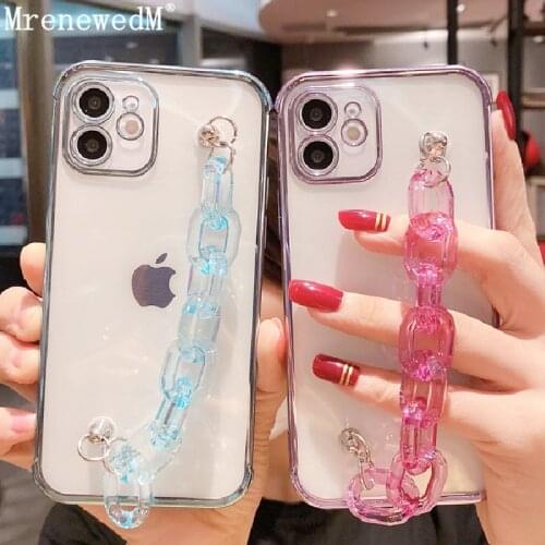 Color Bracelet Transparent Clean Phone Case For iPhone 11 12Pro X XR XS Max SE2 7 8 Plus Luxury Plating Bumper Wrist Chain Cover