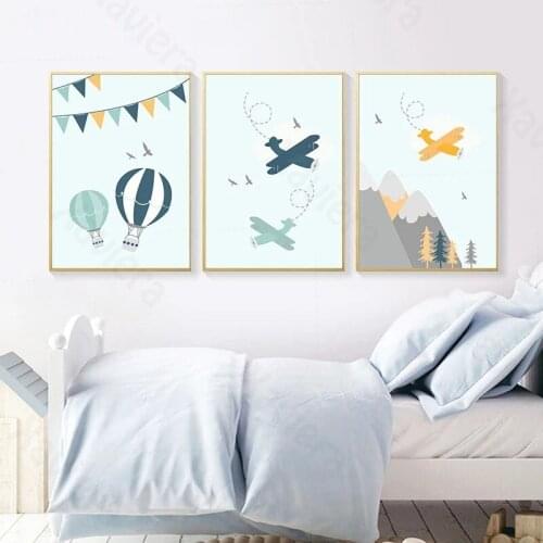 Cartoon Adventure Spirit Airplane Hot Air Balloon Forest Canvas Painting Blue Posters Home Decoration Baby Room Childrens Room