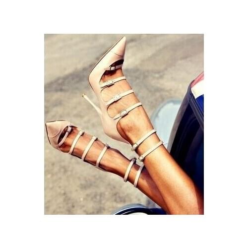 Sexy Beige Patent Leather Strappy Pumps Women Shoes Pointed Toe Buckle Strap Wedding Shoes Bride Cut-out Customized