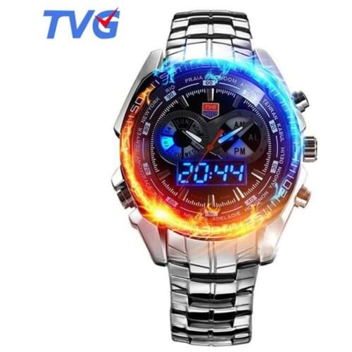 Reloj hombre 2020 TVG Men Sports Watches Stainless Steel waterproof Quartz Watch Led Digital Analog Display Mens Watches