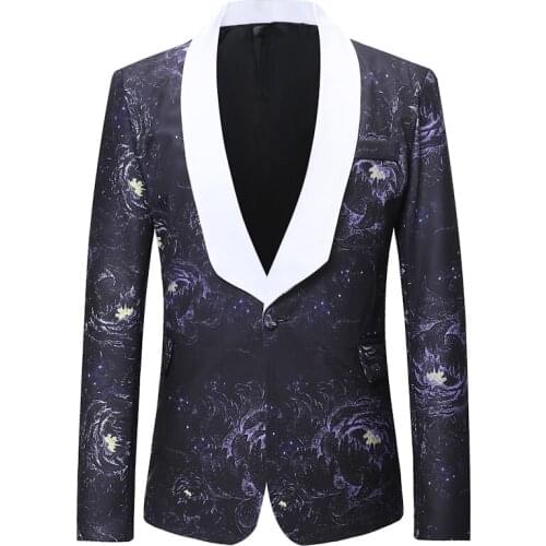 Mens Button Luxury Floral Printed Suit Night Club Stage Wedding Social Casual Suit Slim Formal Fit Casual Men Blazer Jacket 3XL