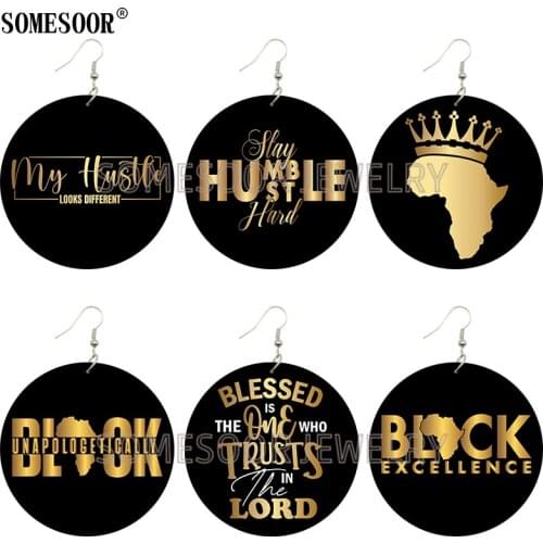 SOMESOOR My Hustle Looks Difference Black Unapologetically Wooden Double Sides Printing Drop Dangle Earrings For Women Gifts