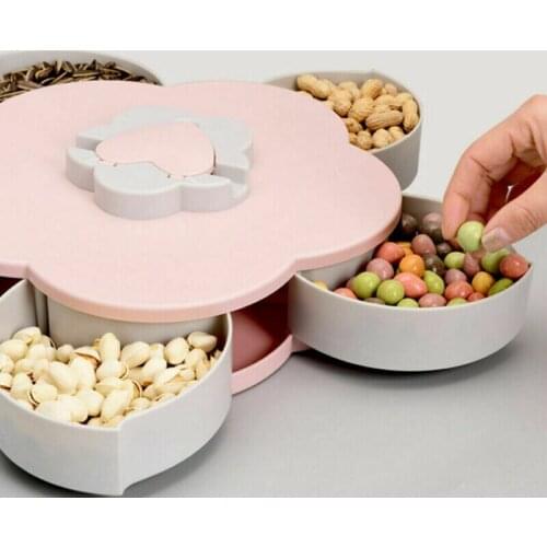 Pink Blue Petal Shaped Rotating Candy Box Dish Snacks Tray Five Grid Dried Fruit Plate Food Container Kitchen Storage Tools