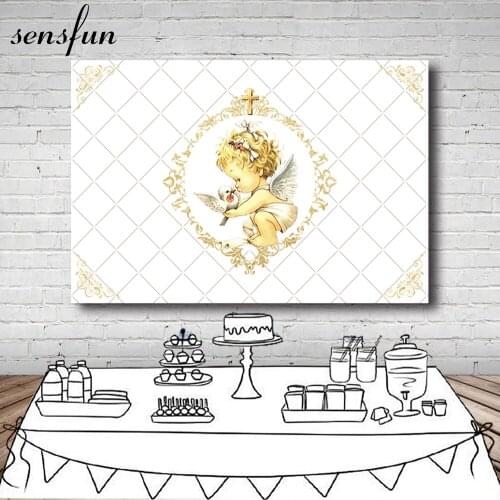 Sensfun Baby Angel Baptism Holy Communion Backdrops White Gold Cross Baby Shower Photography Backgrounds Custom Photocall